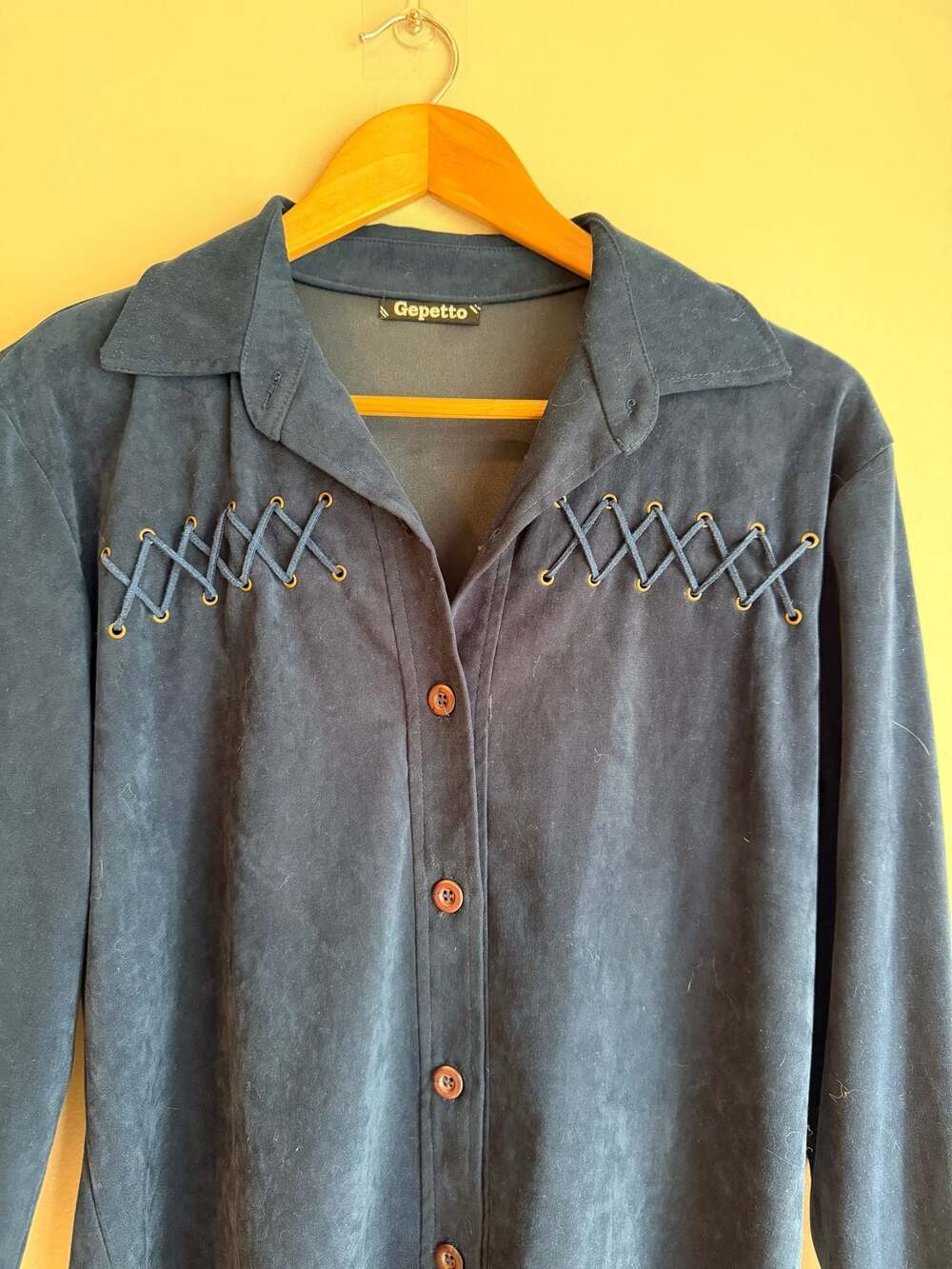 Gepetto Vintage Blue Suede Lace-Up Front Button Down Shirt Size M - Picture 2 of 6